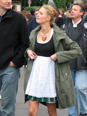 A not-so-traditional Bavarian dress at Oktoberfest.  Women, especially, seem to like to apply a modern twist to the traditional clothes.