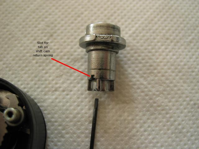 The shift cam pivot, showing the slot where the tab on the pivot
spring fits.