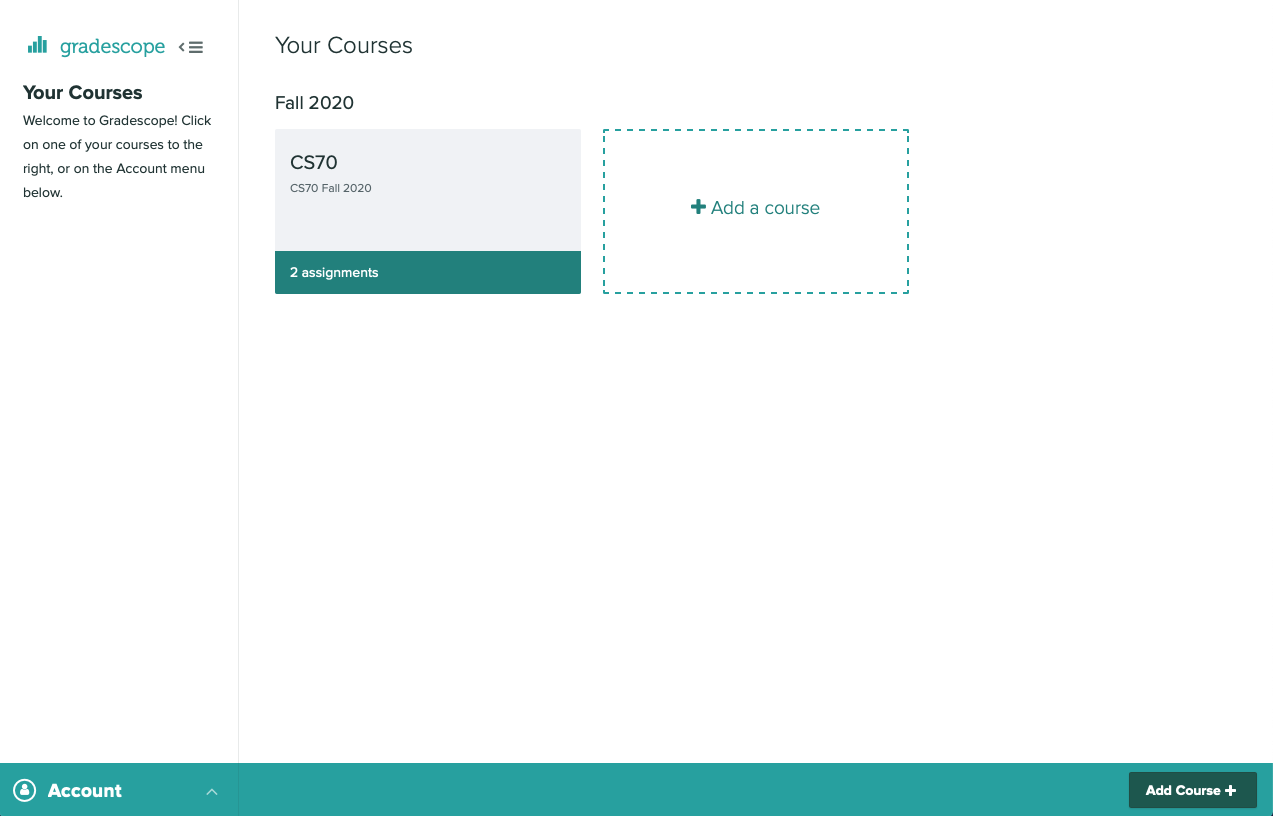 screenshot of list of courses on Gradescope