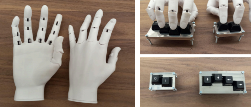 3D-printed Jointed Hand design (left), finger and key placement (right top), custom keyboard with keys 0, 1, ↑,↓,←,→ (right bottom).