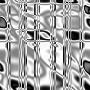 A complex black-and-white pattern with fine vertical striations and swirling regions, generated from a large randomly-built expression.