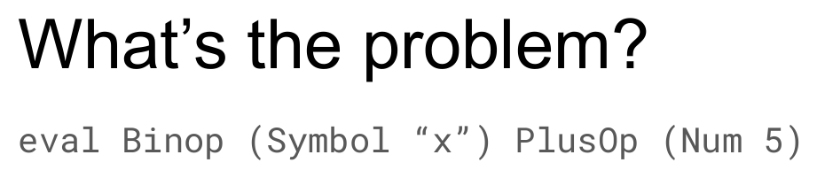 A slide titled "What's the problem?" posing the expression eval Binop (Symbol