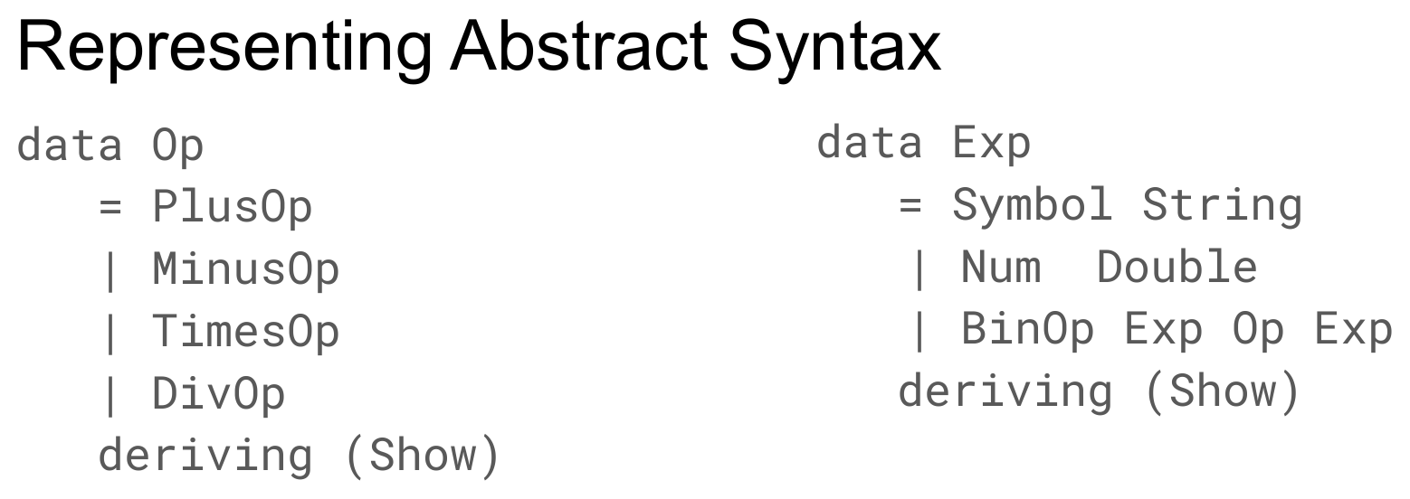 A slide showing the extended datatype: data Op = PlusOp | MinusOp | TimesOp | DivOp and data Exp = Symbol String | Num Double | BinOp Exp Op Exp, each deriving (Show).