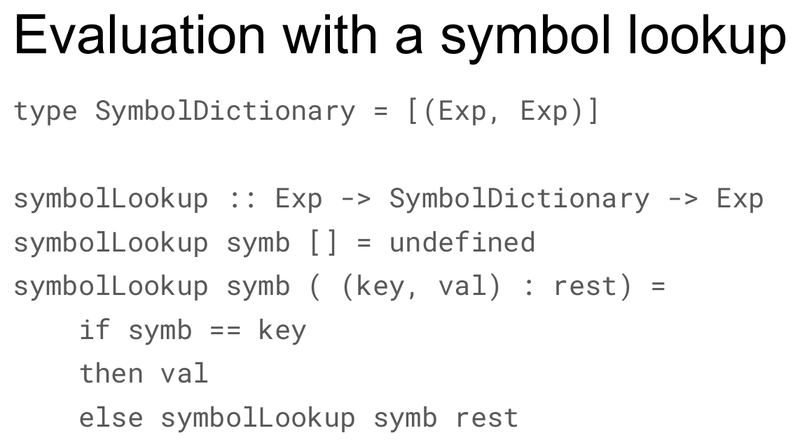 A slide titled "Evaluation with a symbol lookup" defining type SymbolDictionary = [(Exp, Exp)] and symbolLookup :: Exp -> SymbolDictionary -> Exp, with base case symbolLookup symb [] = undefined and recursive case symbolLookup symb ((key, val) : rest) = if symb == key then val else symbolLookup symb rest.