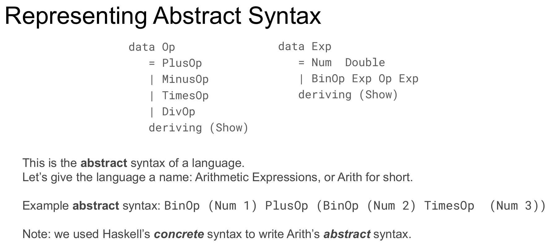 A slide titled "Representing Abstract Syntax" showing the Op/Exp datatype, naming the language "Arithmetic Expressions, or Arith for short," giving the example abstract syntax BinOp (Num 1) PlusOp (BinOp (Num 2) TimesOp (Num 3)), and noting that Haskell's concrete syntax was used to write Arith's abstract syntax.