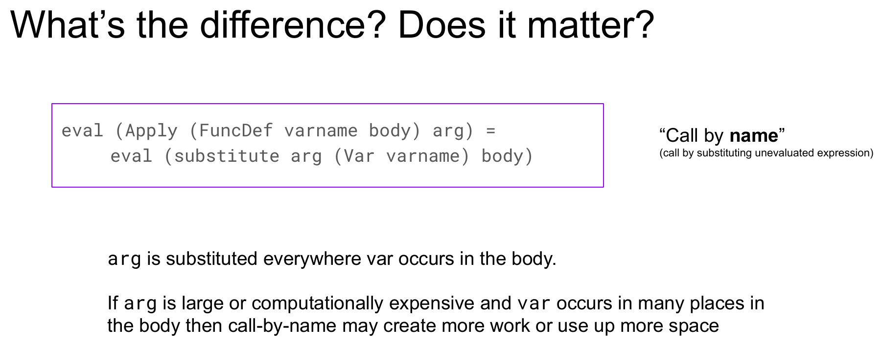A slide titled "What's the difference? Does it matter?" boxing the "Call by name" rule, explaining that arg is substituted everywhere var occurs in the body, so if arg is large or computationally expensive and var occurs in many places in the body, call-by-name may create more work or use up more space.