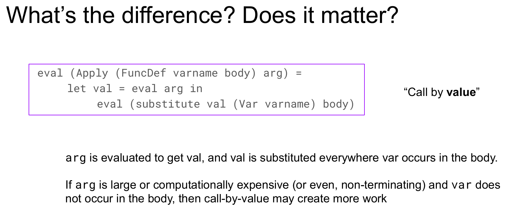 A slide titled "What's the difference? Does it matter?" boxing the "Call by value" rule, explaining that arg is evaluated to get val first, and if arg is large, computationally expensive, or even non-terminating, and var does not occur in the body, then call-by-value may create unnecessary work.