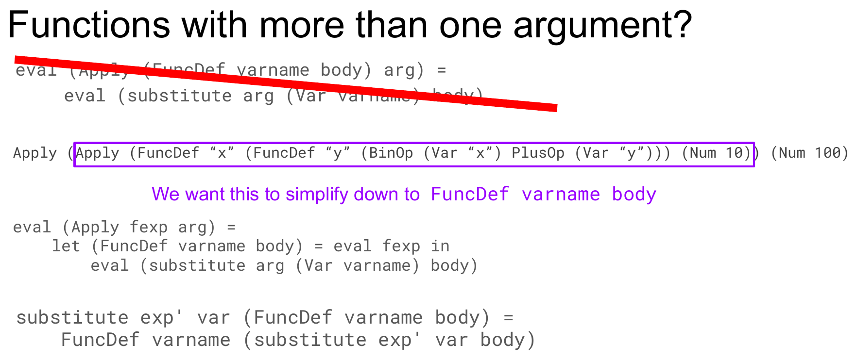 A slide titled "Functions with more than one argument?" showing the old rule eval (Apply (FuncDef varname body) arg) = eval (substitute arg (Var varname) body) crossed out above the nested-Apply expression Apply (Apply (FuncDef