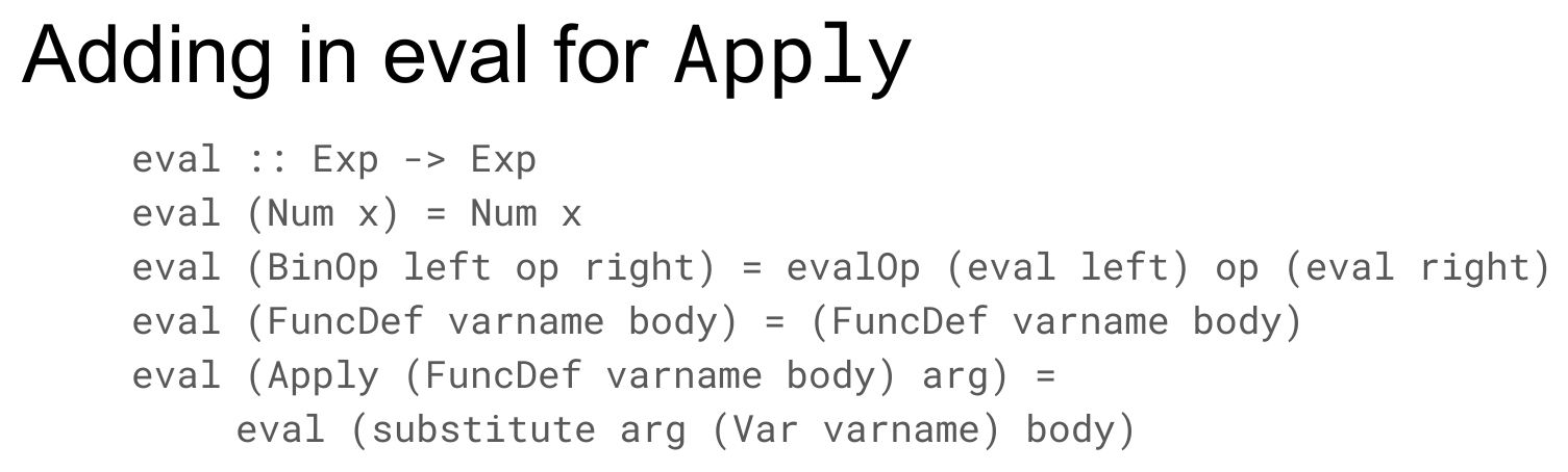 A slide titled "Adding in eval for Apply" giving the first evaluation rule: eval (Apply (FuncDef varname body) arg) = eval (substitute arg (Var varname) body).