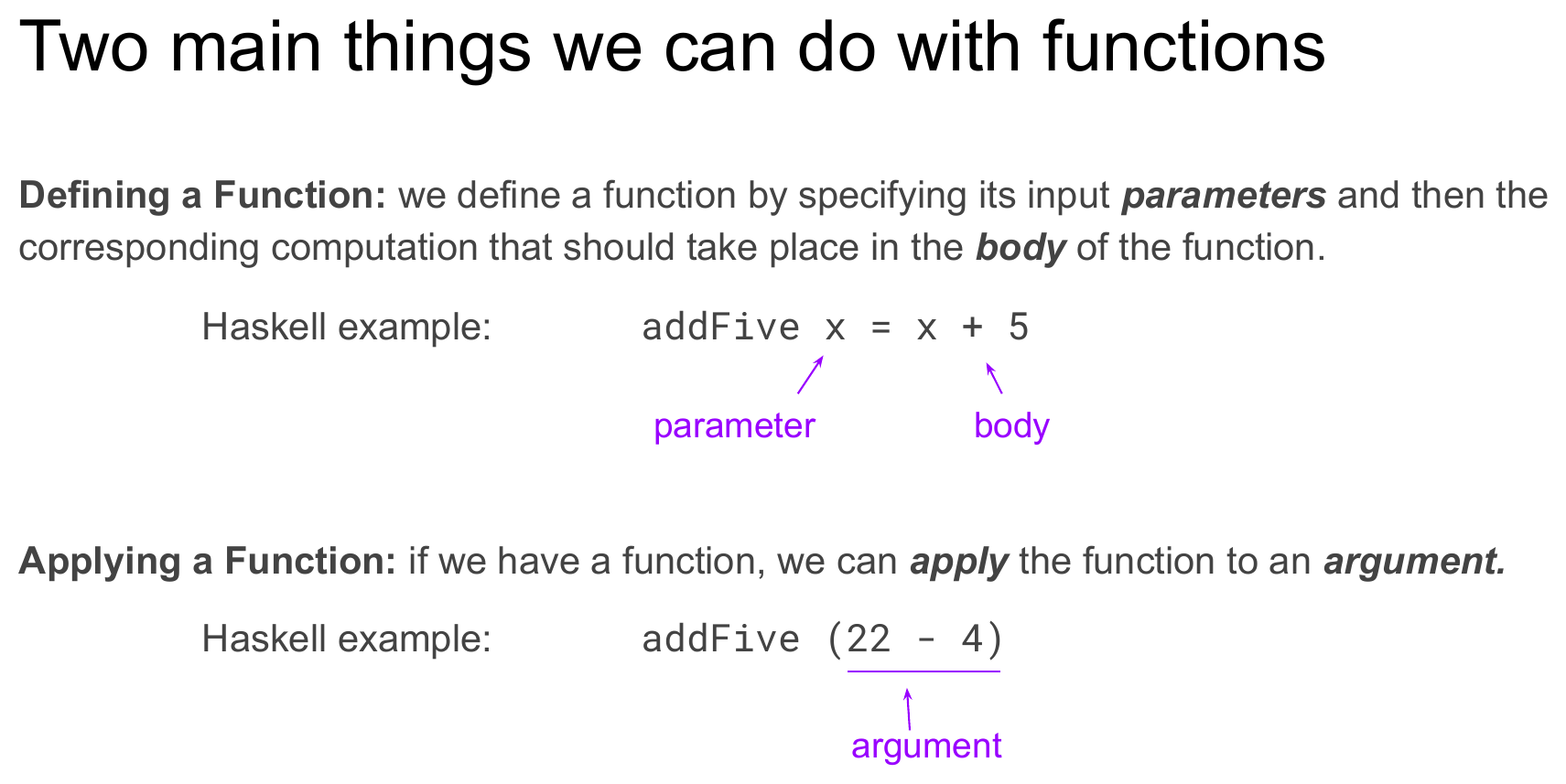 A slide titled "Two main things we can do with functions" labeling addFive x = x + 5 with arrows to "parameter" (x) and "body" (x + 5), and labeling addFive (22 - 4) with an arrow from the argument (22 - 4) to "argument" — showing that an argument can itself be an expression, not just a literal.