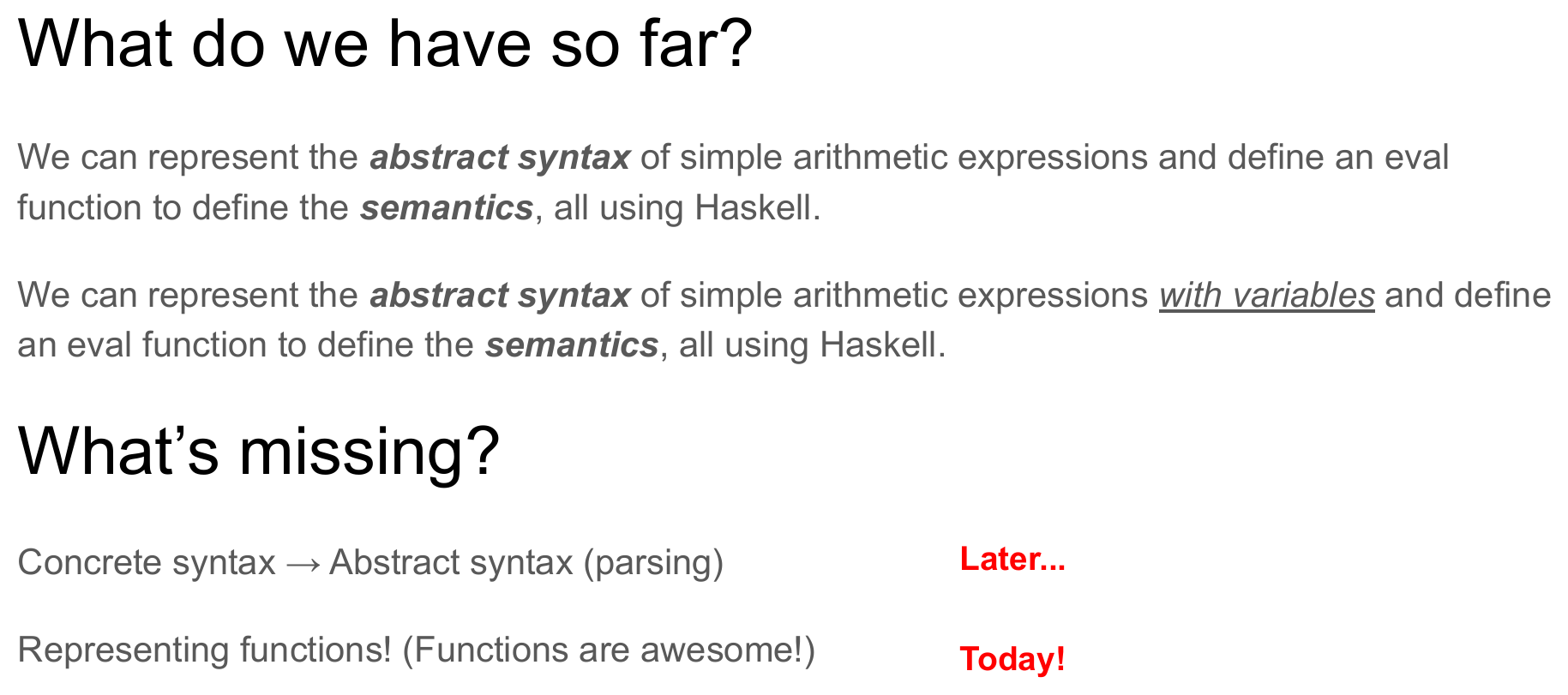 A slide titled "What do we have so far?" recapping that we can represent and evaluate the abstract syntax of arithmetic expressions, with and without variables, all in Haskell. Below, "What's missing?" lists concrete-syntax-to-abstract-syntax (parsing) as "Later..." and representing functions as "Today!"