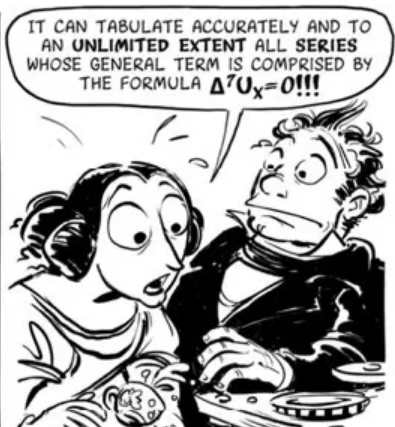 A comic panel in which the possibilities of the Analytical Engine seem to exceed ordinary arithmetic.