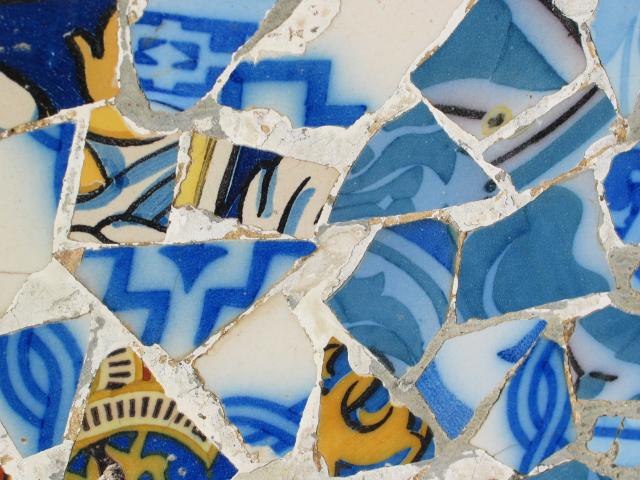 Detail of the cracked-pottery mosaic that covers the famous serpentine wall at Parc Guell.