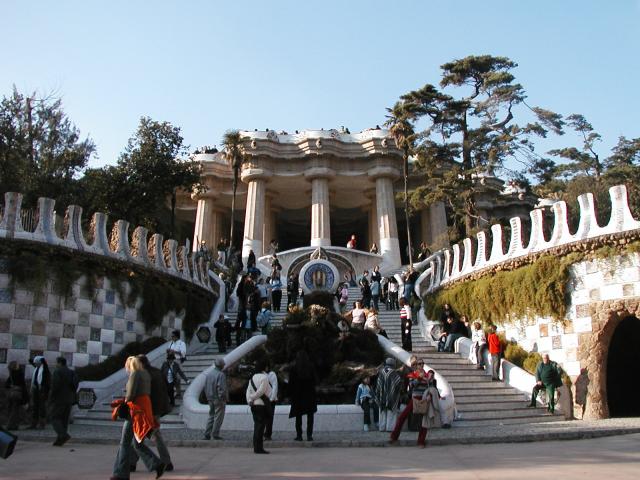 The main entrance to Parc Guell, framed by Gaudi's fantastic (in both senses!) architecture.  Photo by Pat.