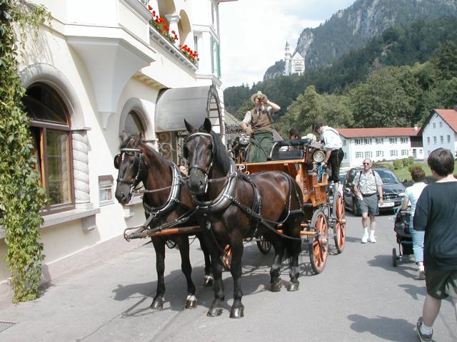 Geoff follows one of the horse carriages that carry tourists between
the parking area and Neuschwanstein Castle.  Photo by Xandie.