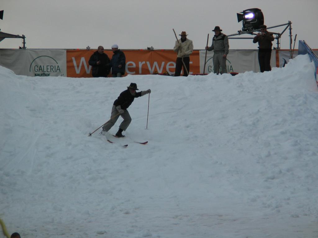 A traditionally equipped skier makes the first run down the artificial hill in Essen.