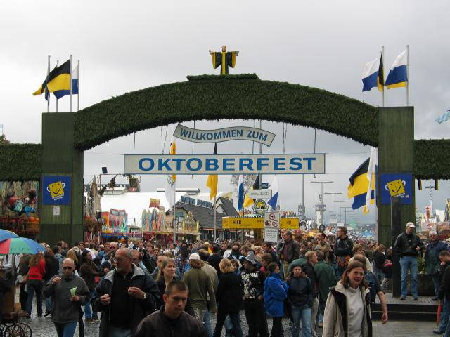One of the main entrances to Munich's famous Oktoberfest.  This picture gives an impression of the crowds that come to the festival, even on a cold, rainy Saturday.