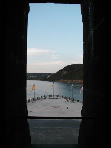 The confluence of the Rhine (right) and the Mosel (left), viewed from
inside the Monument to German Unity in Koblenz.  Photo by Xandie.