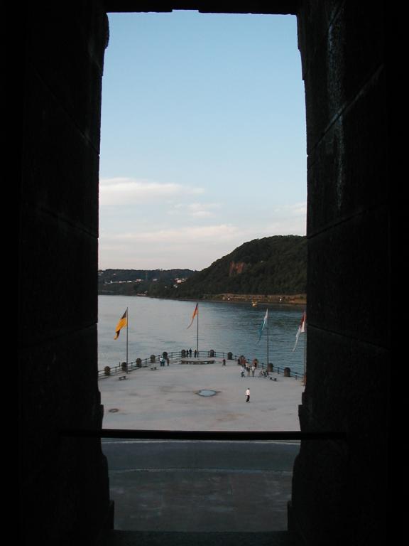 The confluence of the Rhine (right) and the Mosel (left), viewed from
inside the Monument to German Unity in Koblenz.  Photo by Xandie.