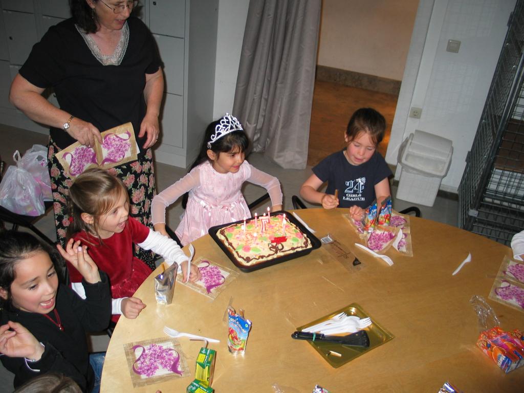 Xandie gets ready to blow out candles at her birthday party. Clockwise from lower left: Laura, Aime, Pat, Xandie, Isobel.