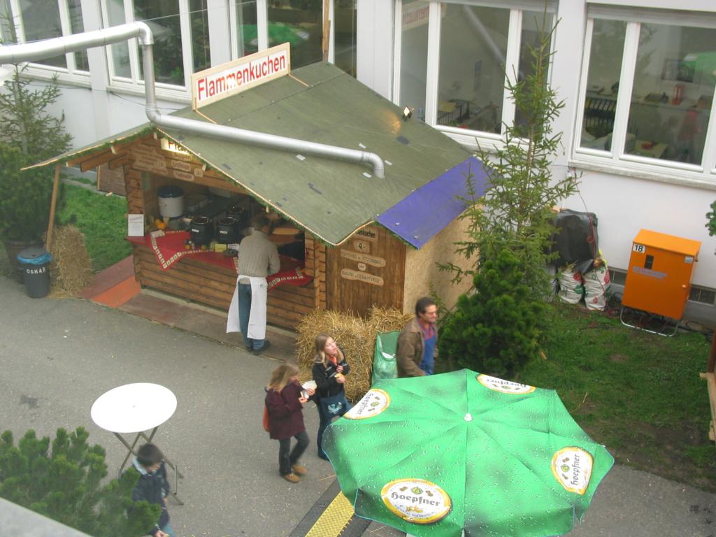 A Flammenkuchen booth in the Karlsruhe Christmas market, just outside our window.