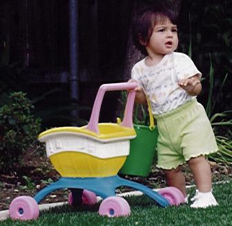 With her shopping cart and bucket