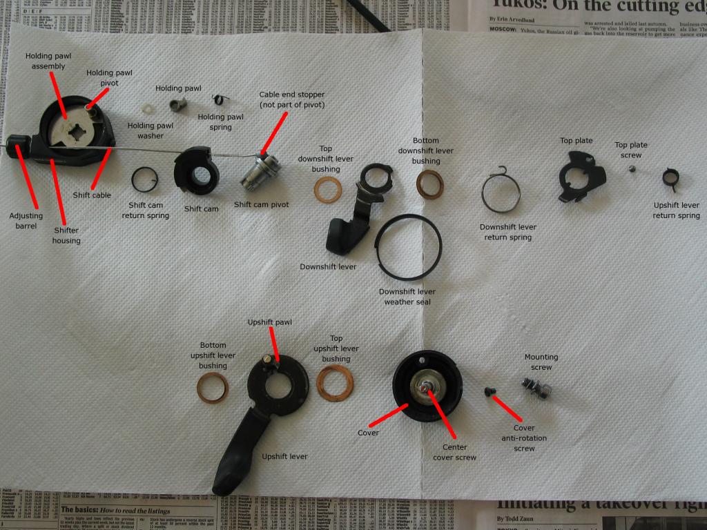 A Shimano Deore DX shifter (left hand), almost completely
disassembled, showing all parts.