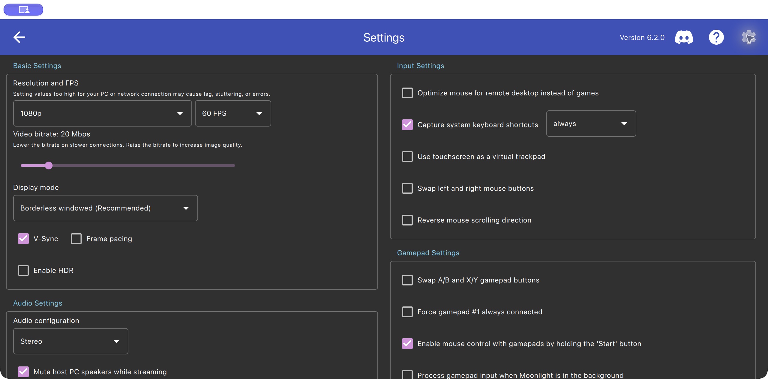 Moonlight settings with Capture system keyboard shortcuts checked and set to always
