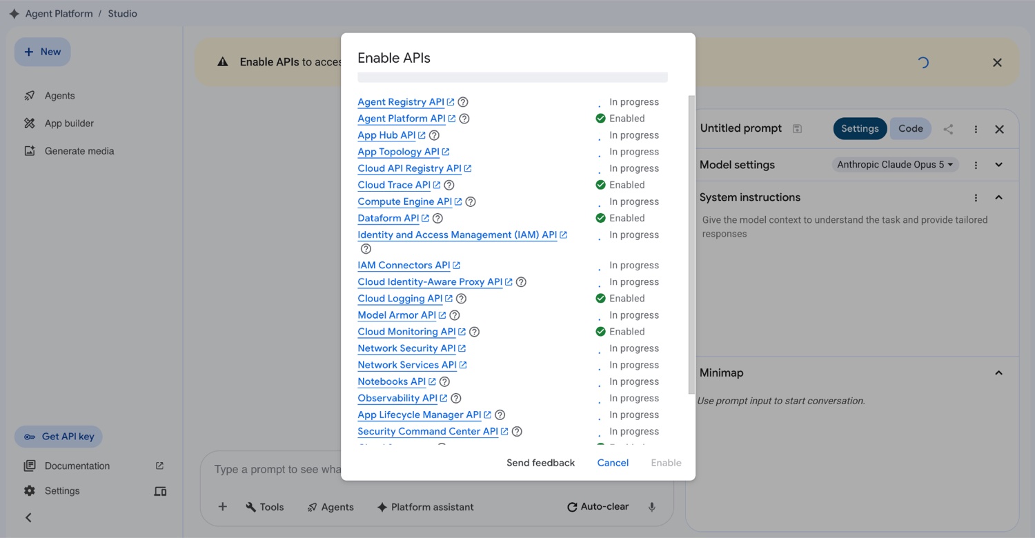 Google Cloud Enable APIs dialog listing Agent Platform, IAM, Cloud Logging and related APIs, some enabled and some in progress