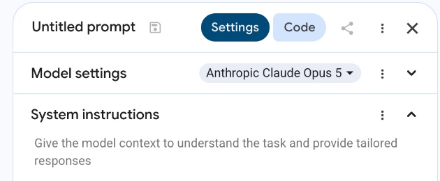 Agent Studio model settings panel with Anthropic Claude Opus 5 selected