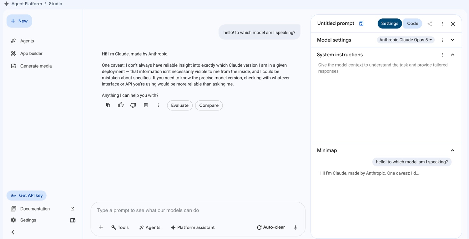 Agent Studio showing a successful Claude Opus 5 reply to a test prompt
