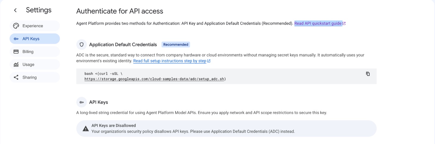 Agent Platform authentication settings showing Application Default Credentials marked Recommended and a notice that API keys are disallowed by organisation policy