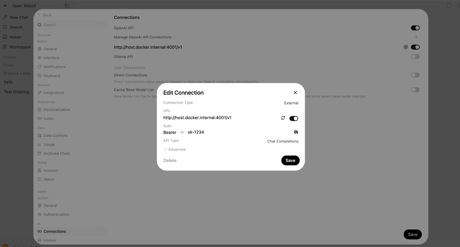 Open WebUI Edit Connection dialog with the URL set to host.docker.internal port 4001