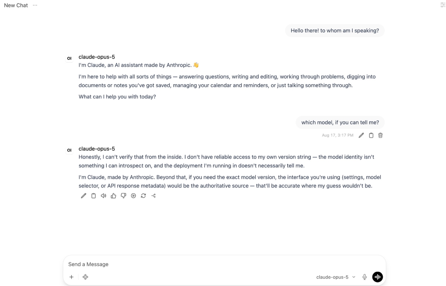 Open WebUI conversation showing claude-opus-5 replying to two messages, with claude-opus-5 shown in the model selector