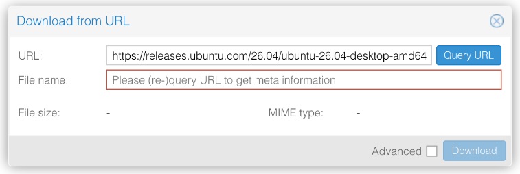 Proxmox Download from URL dialog with a URL entered, the File name field outlined red and reading Please re-query URL to get meta information, File size and MIME type both showing a dash, and the Download button greyed out