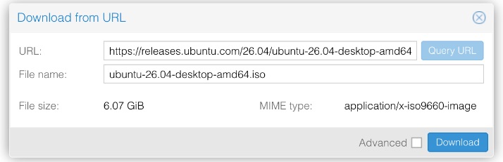 The same Proxmox dialog after clicking Query URL, now showing File name ubuntu-26.04-desktop-amd64.iso, File size 6.07 GiB, MIME type application slash x-iso9660-image, and an active blue Download button