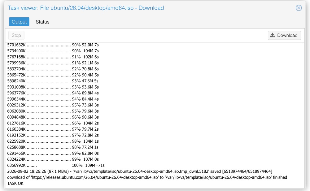 Proxmox task viewer showing wget progress reaching 100 percent, a line confirming 6518974464 bytes saved to /var/lib/vz/template/iso/ubuntu-26.04-desktop-amd64.iso, and a final TASK OK