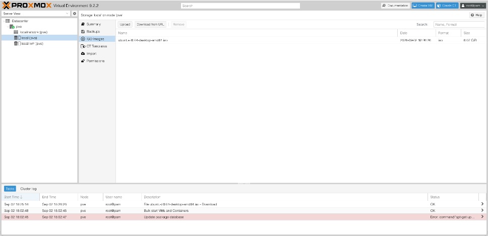 Proxmox local storage ISO Images view listing ubuntu-26.04-desktop-amd64.iso with its size, alongside Upload, Download from URL and Remove buttons