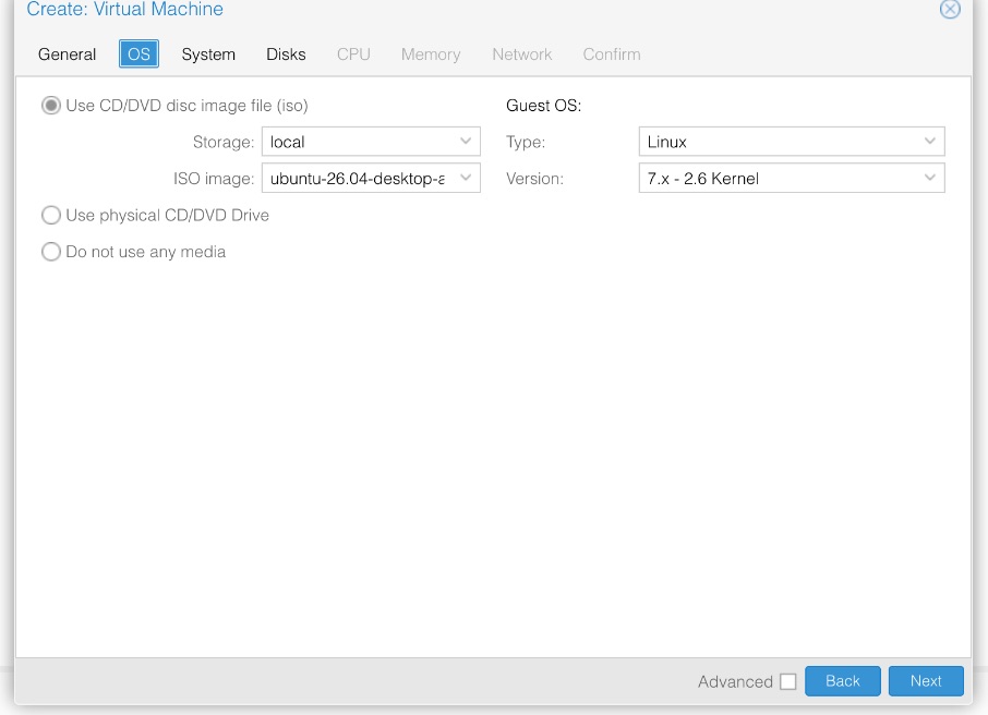 Create Virtual Machine wizard on the OS tab with Use CD/DVD disc image file selected, Storage set to local, ISO image set to the Ubuntu 26.04 desktop image, Guest OS Type Linux and Version 7.x - 2.6 Kernel