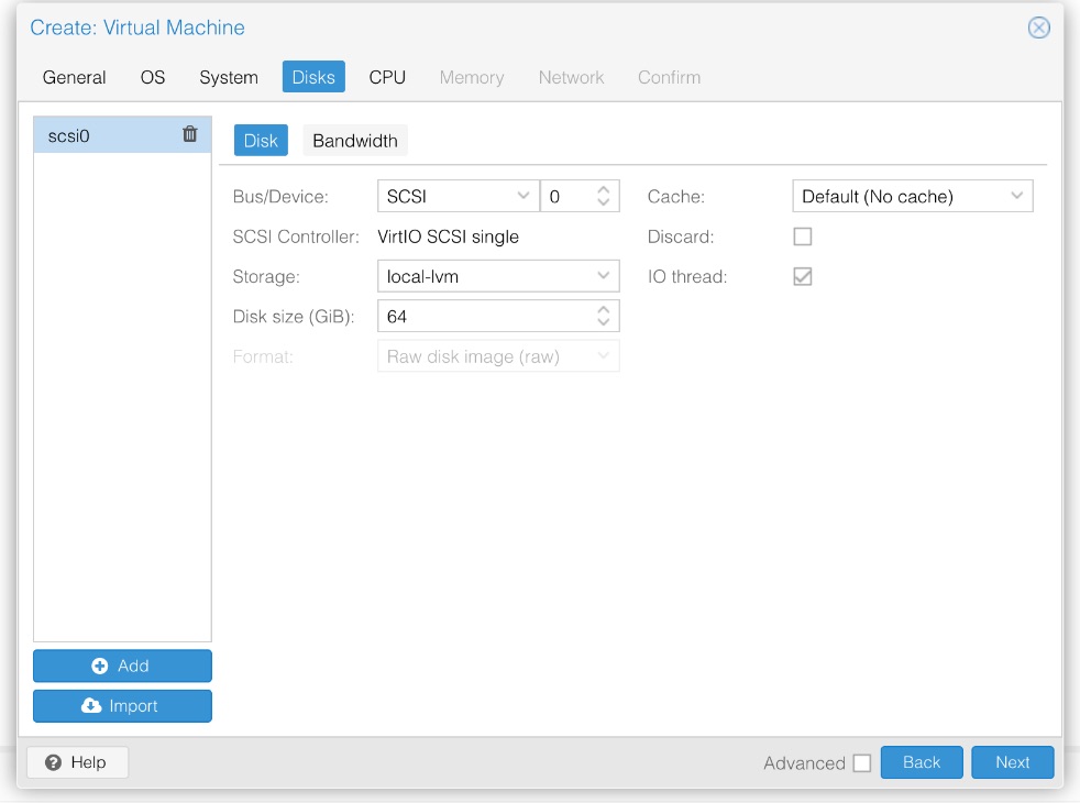 Create Virtual Machine wizard on the Disks tab showing a single scsi0 device, Bus/Device SCSI 0, SCSI Controller VirtIO SCSI single, Storage local-lvm, Disk size 64 GiB, Cache Default no cache, Discard unchecked and IO thread checked