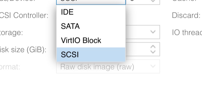 The Bus/Device dropdown on the Disks tab expanded to show four options: IDE, SATA, VirtIO Block, and SCSI, with SCSI highlighted as the current selection