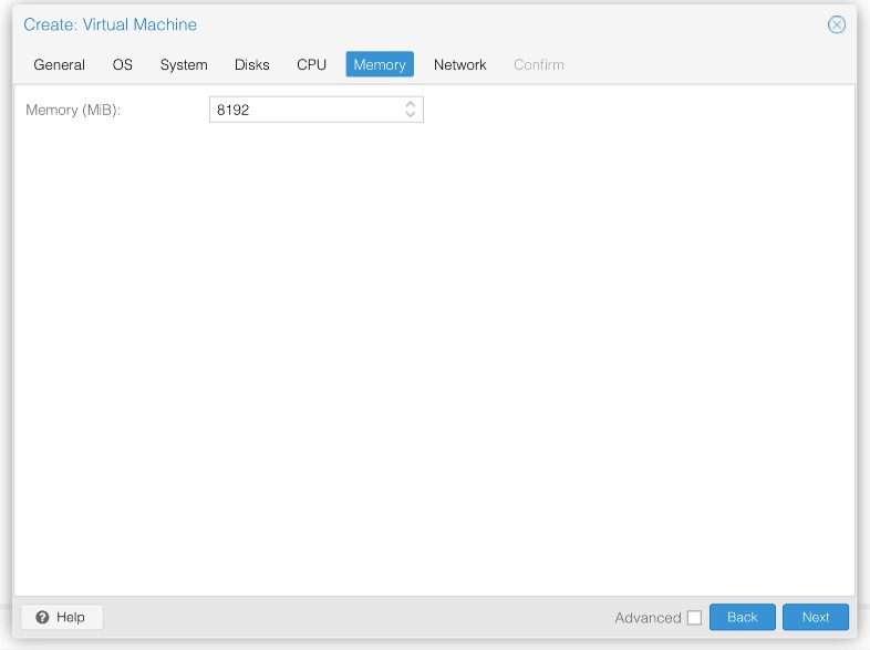 Create Virtual Machine wizard on the Memory tab with Memory set to 8192 MiB