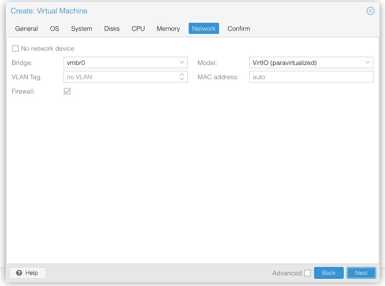 Create Virtual Machine wizard on the Network tab with Bridge vmbr0, no VLAN tag, Firewall checked, Model VirtIO paravirtualized and MAC address set to auto