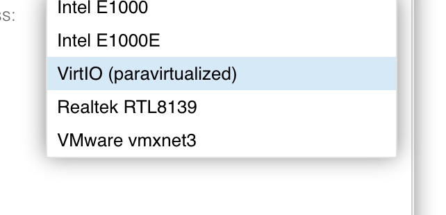 The Network Model dropdown expanded showing five options: Intel E1000, Intel E1000E, VirtIO paravirtualized, Realtek RTL8139 and VMware vmxnet3, with VirtIO paravirtualized highlighted as the selection