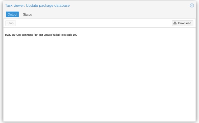 Proxmox task viewer for Update package database showing a single line reading TASK ERROR: command apt-get update failed: exit code 100