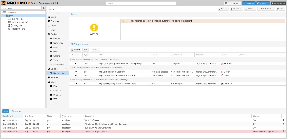 Proxmox APT Repositories panel with a warning banner reading The enterprise repository is enabled, but there is no active subscription, listing pve-ceph.sources pointing at enterprise.proxmox.com ceph-squid, two Debian sources, and pve-enterprise.sources pointing at enterprise.proxmox.com, all enabled