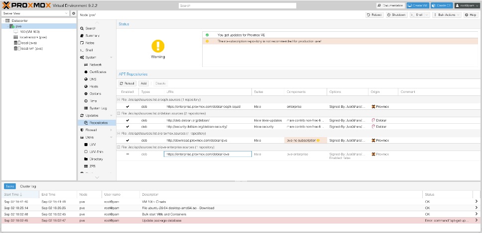 Proxmox APT Repositories panel after changes, showing pve.sources added with the pve-no-subscription component, pve-enterprise.sources marked Enabled false, and pve-ceph.sources still enabled and still pointing at enterprise.proxmox.com ceph-squid