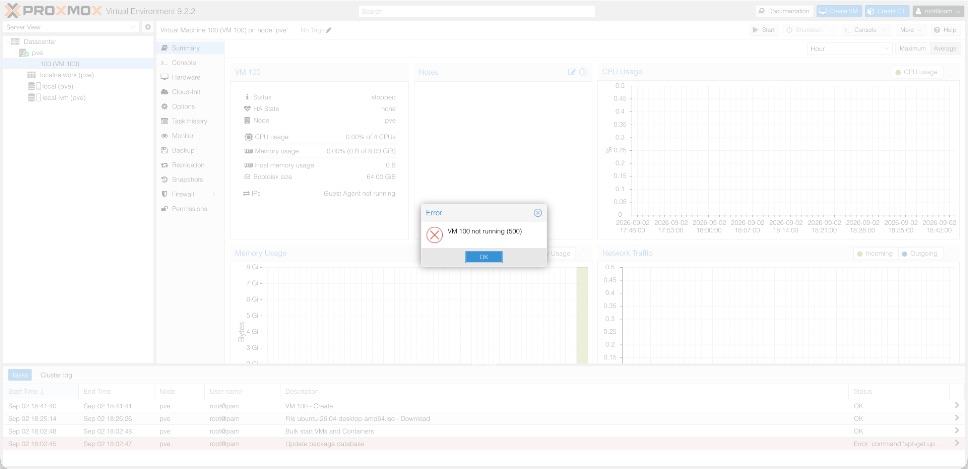 Proxmox VM summary page with a modal error dialog reading VM 100 not running (500) and a single OK button
