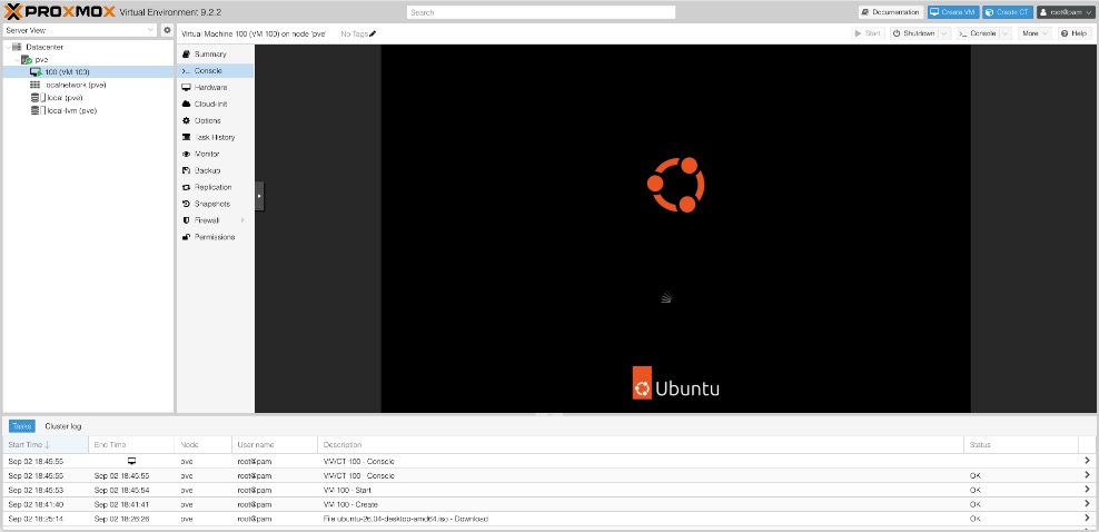 Proxmox noVNC console showing the Ubuntu logo on a black background as the installer boots, with the task log below listing VM 100 Start and Console entries