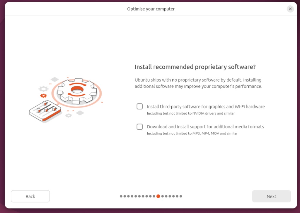 Ubuntu installer screen titled Optimise your computer asking Install recommended proprietary software, with two unchecked boxes: install third-party software for graphics and Wi-Fi hardware, and download and install support for additional media formats